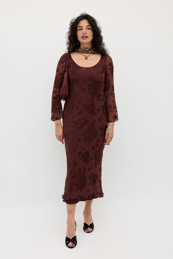 Rixo Noraya Silk-Satin Devoré Midi Dress Bouquet Devoré Brown
