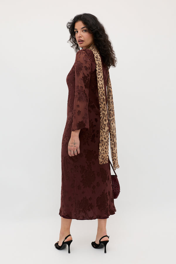 Rixo Noraya Silk-Satin Devoré Midi Dress Bouquet Devoré Brown