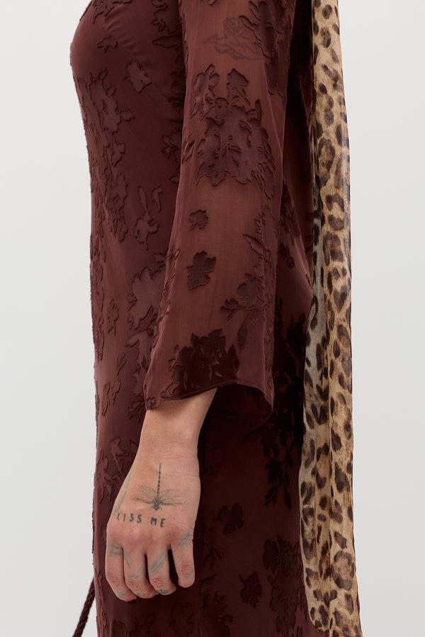 Rixo Noraya Silk-Satin Devoré Midi Dress Bouquet Devoré Brown