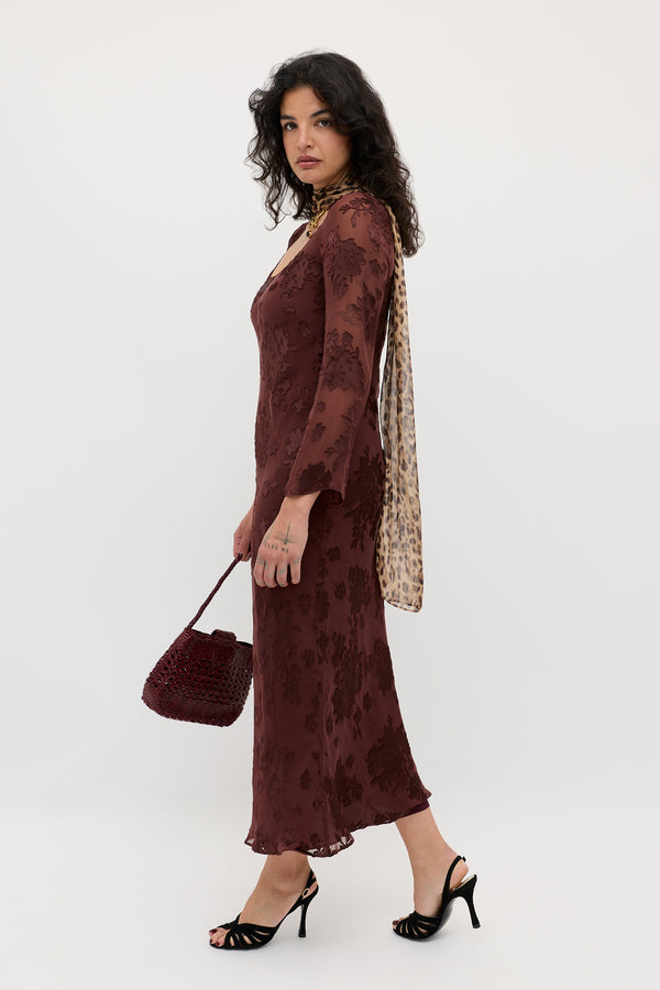 rixo Noraya Silk-Satin Devoré Midi Dress Bouquet Devoré Brown