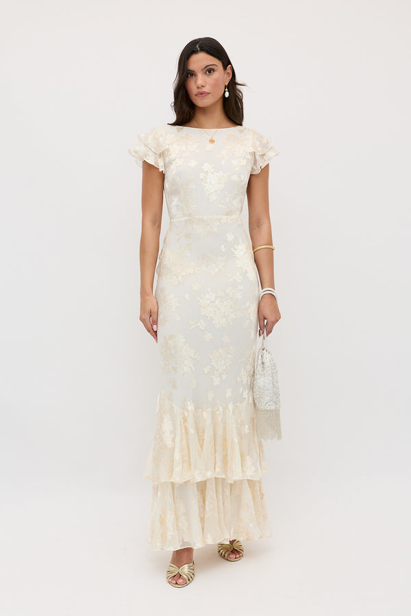 rixo Ordinia Silk-Velvet Devoré Gown Bouquet Devoré Cream