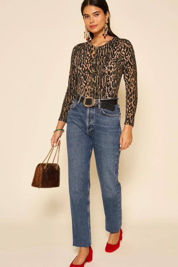 Rixo Peony Leopard Wool Cardigan Bohemia Leopard Brown