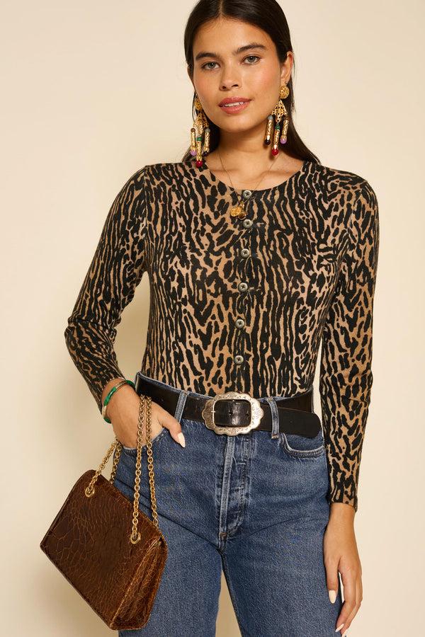rixo Peony Leopard Wool Cardigan Bohemia Leopard Brown