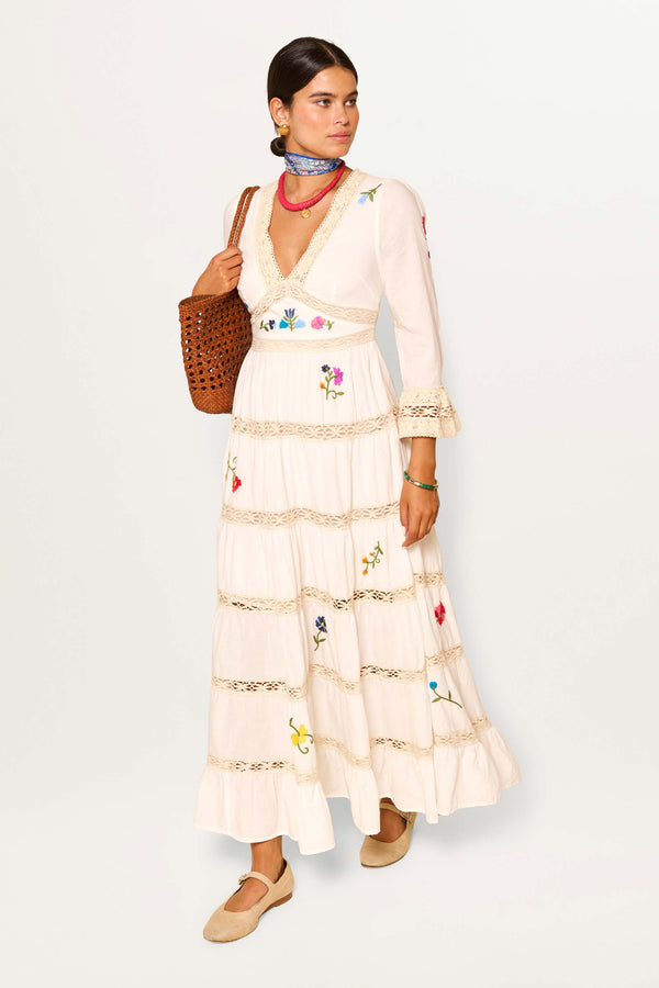 rixo Regine Cotton Midi Dress Ombre Floral Embroidery Ivory