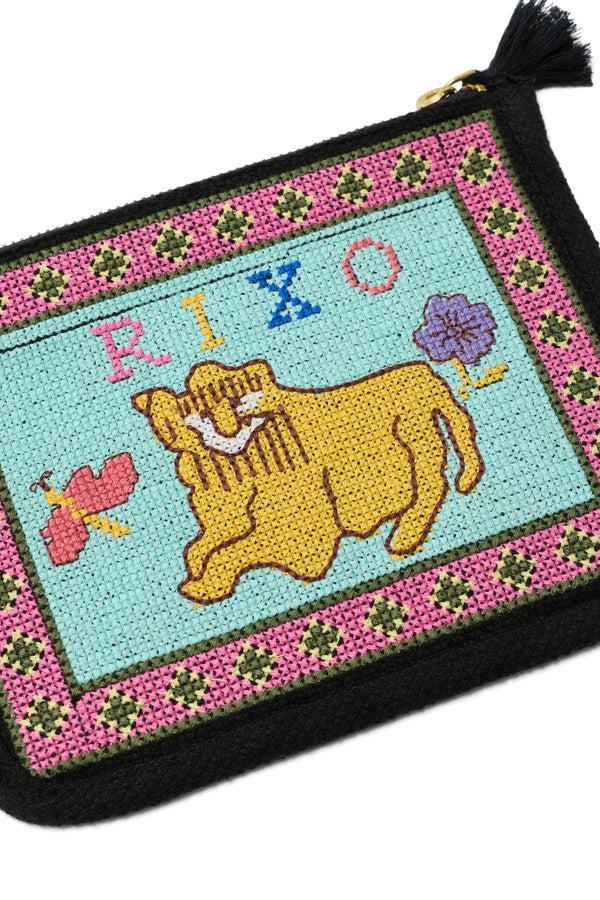 Rixo Reiko Pouch Mini Leo Cross Stitch Embroidery Charcoal