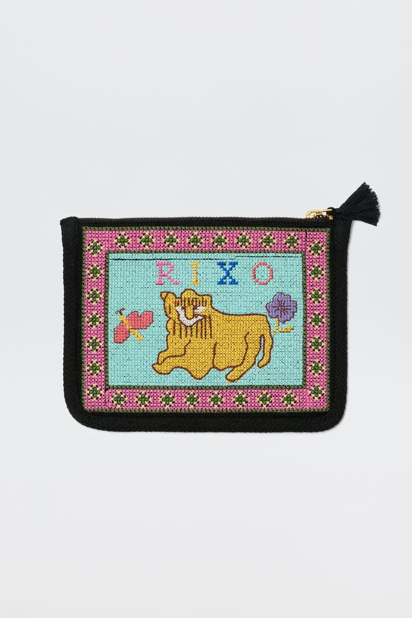 rixo Reiko Pouch Mini Leo Cross Stitch Embroidery Charcoal