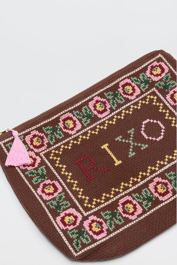 Rixo Reiko Pouch Rosalia Cross Stitch Embroidery Brown