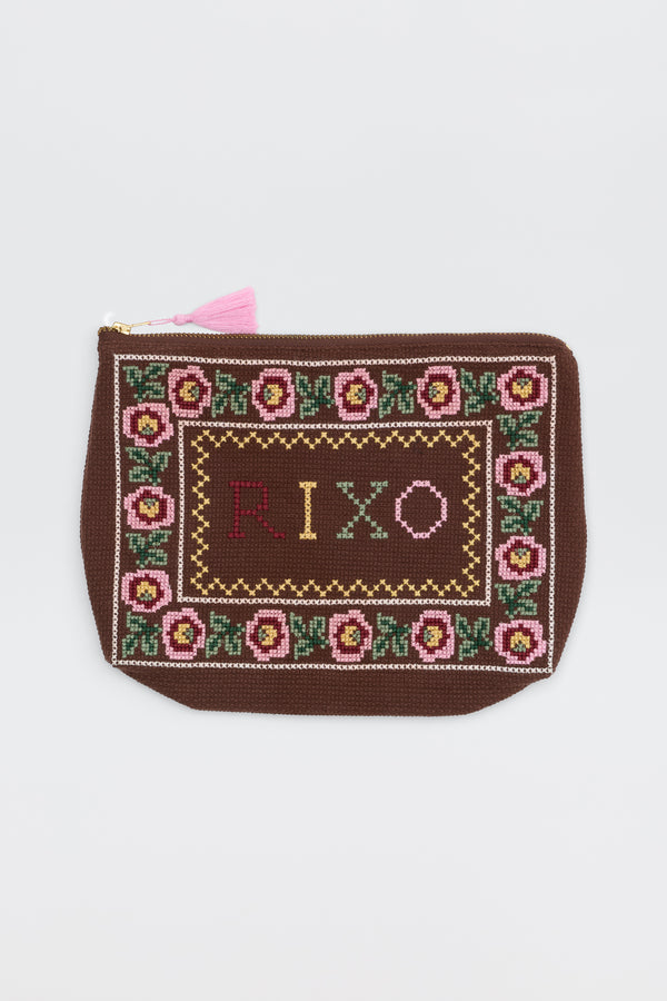 rixo Reiko Pouch Rosalia Cross Stitch Embroidery Brown