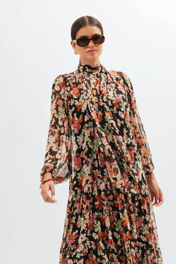 Rixo Adalind Midi Dress Primrose Floral Deep Navy