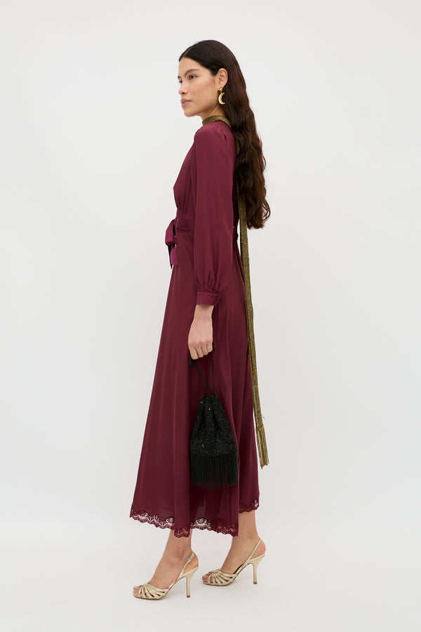 Rixo Adaline Silk Midi Dress Maroon