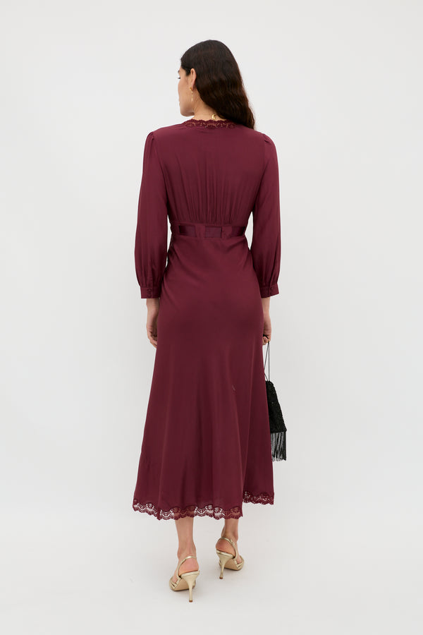 Rixo Adaline Silk Midi Dress Maroon