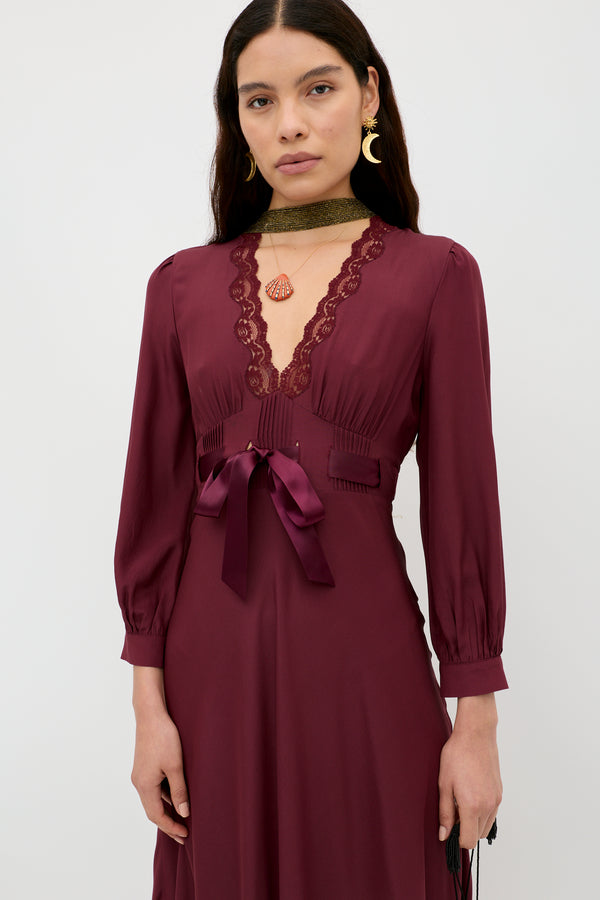 Rixo Adaline Silk Midi Dress Maroon