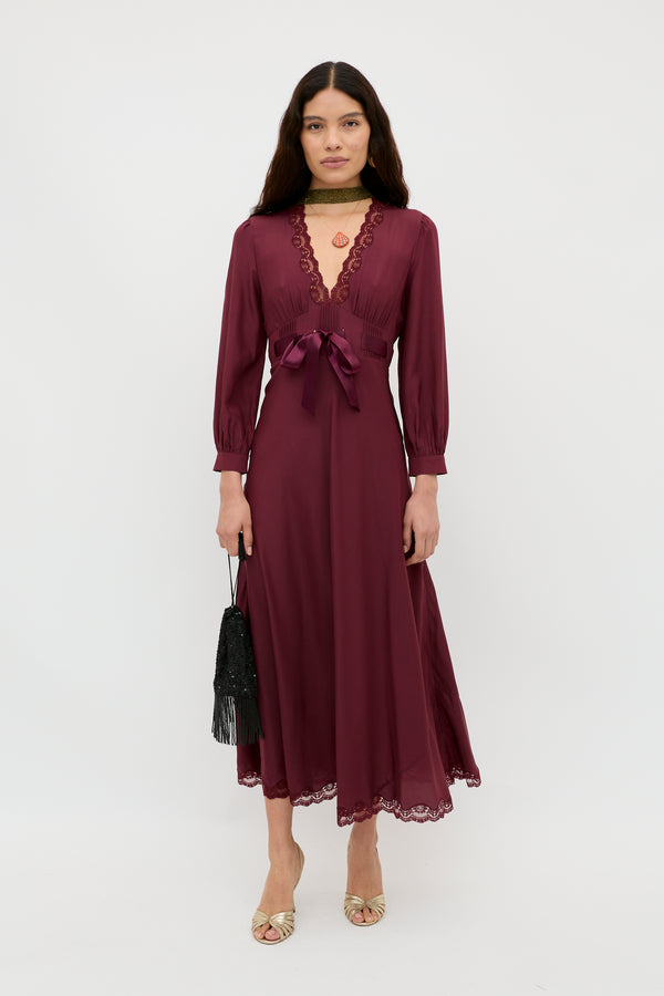 rixo Adaline Silk Midi Dress Maroon