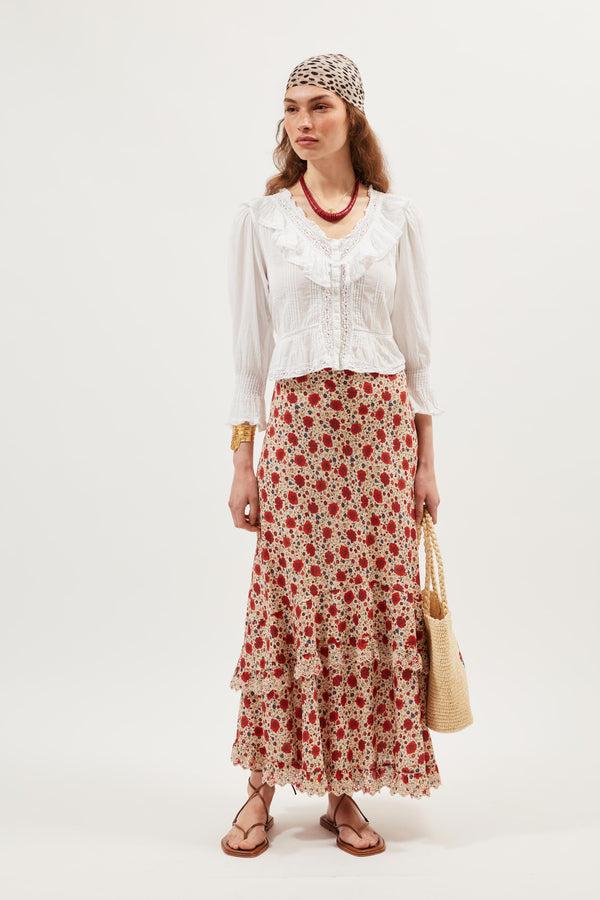 Rixo Aenor Midi Skirt Eva Floral Cream