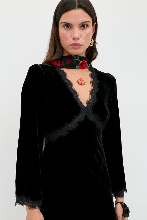 Rixo Alessi Silk-Velvet Midi Dress Black