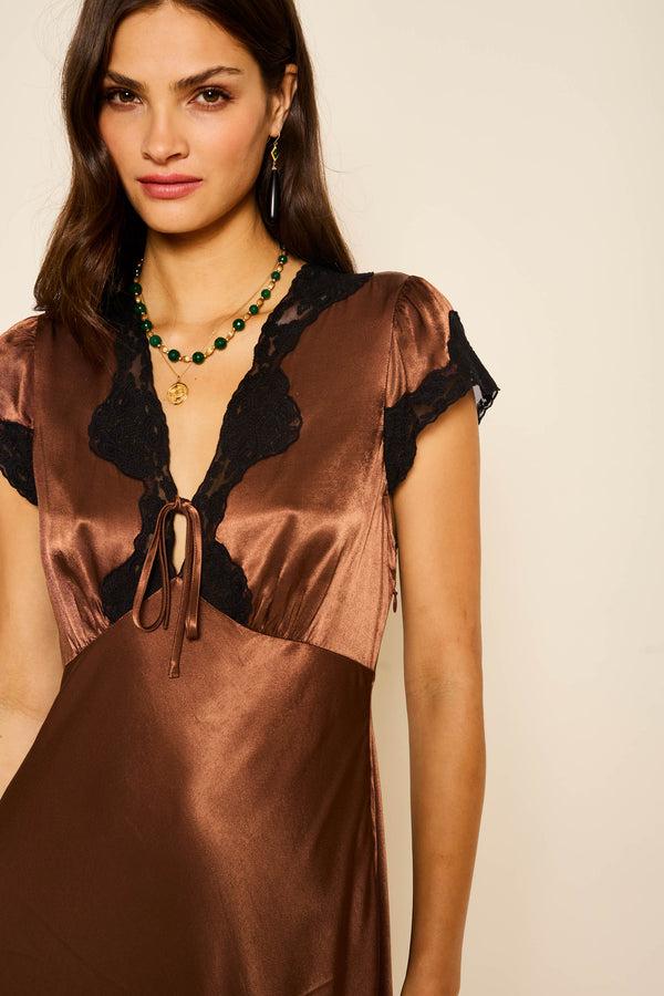 Rixo Amari Satin Midi Dress Bronze