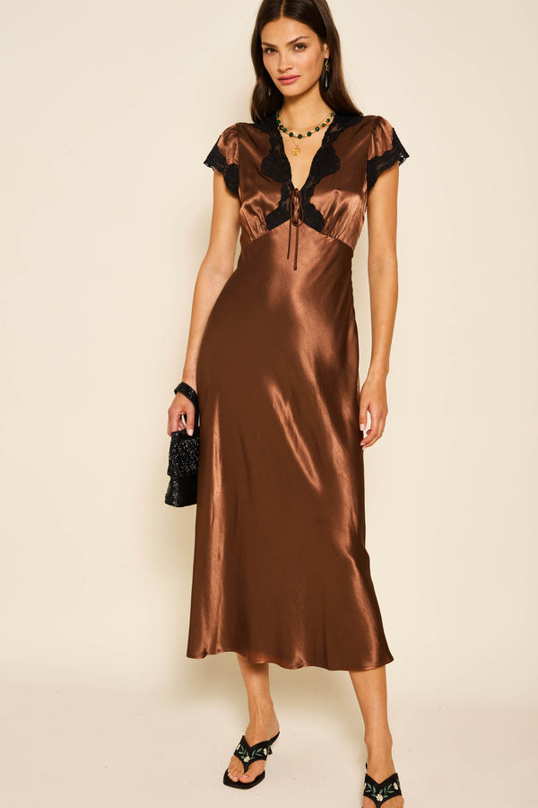 rixo Amari Satin Midi Dress Bronze