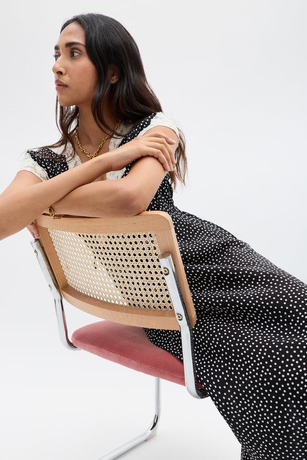 Rixo Amari Silk Midi Dress Mini Polka Dot Black