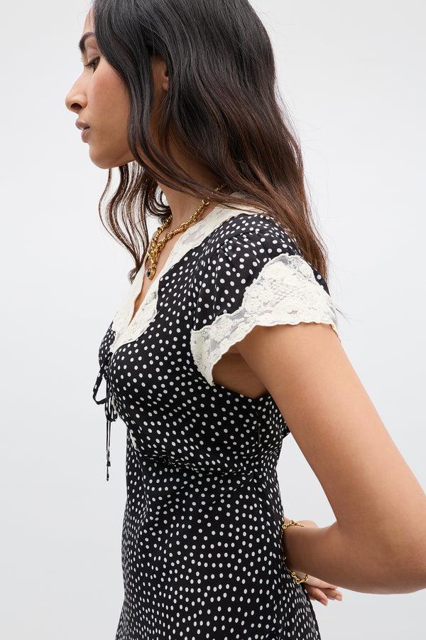 Rixo Amari Silk Midi Dress Mini Polka Dot Black