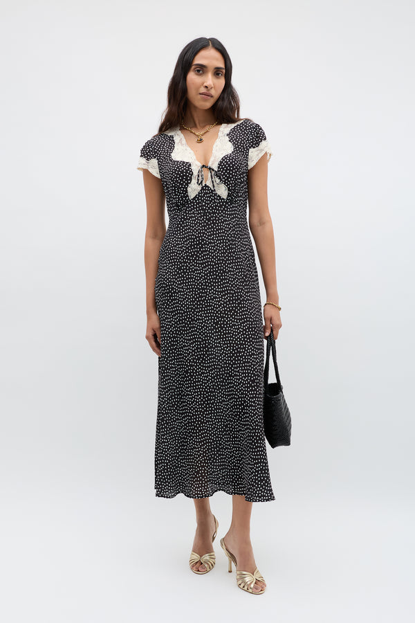 rixo Amari Silk Midi Dress Mini Polka Dot Black