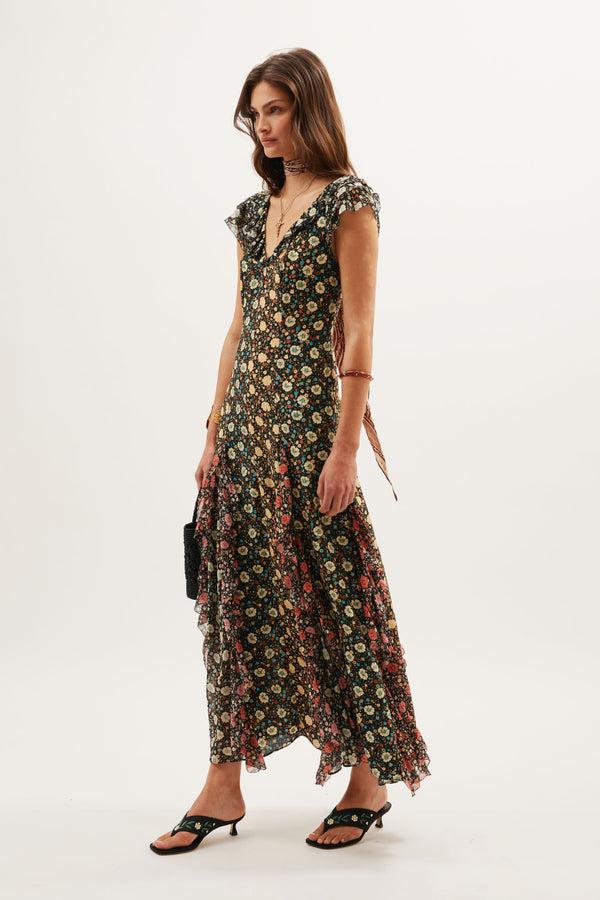 Rixo Ambika Silk Gown Eva Floral Mix Black