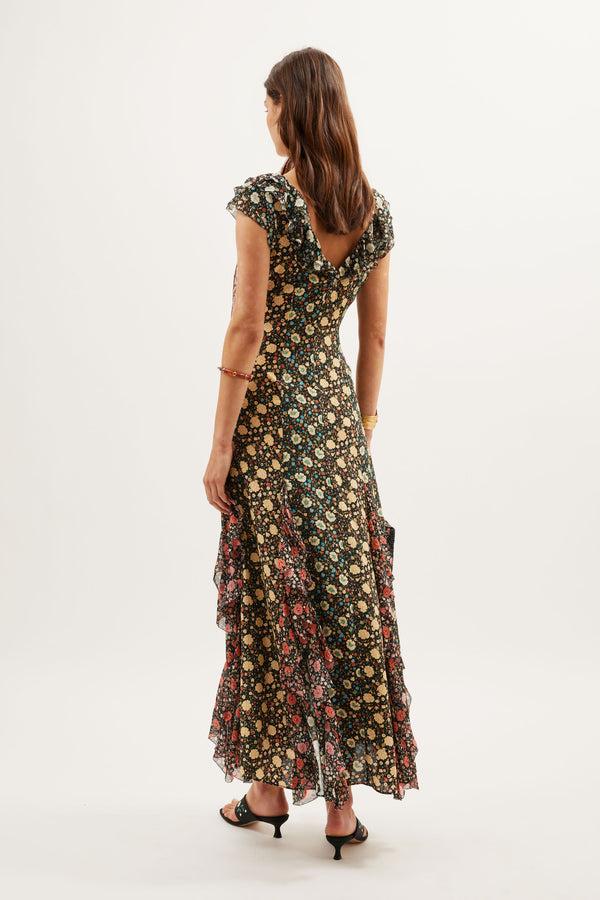 Rixo Ambika Silk Gown Eva Floral Mix Black