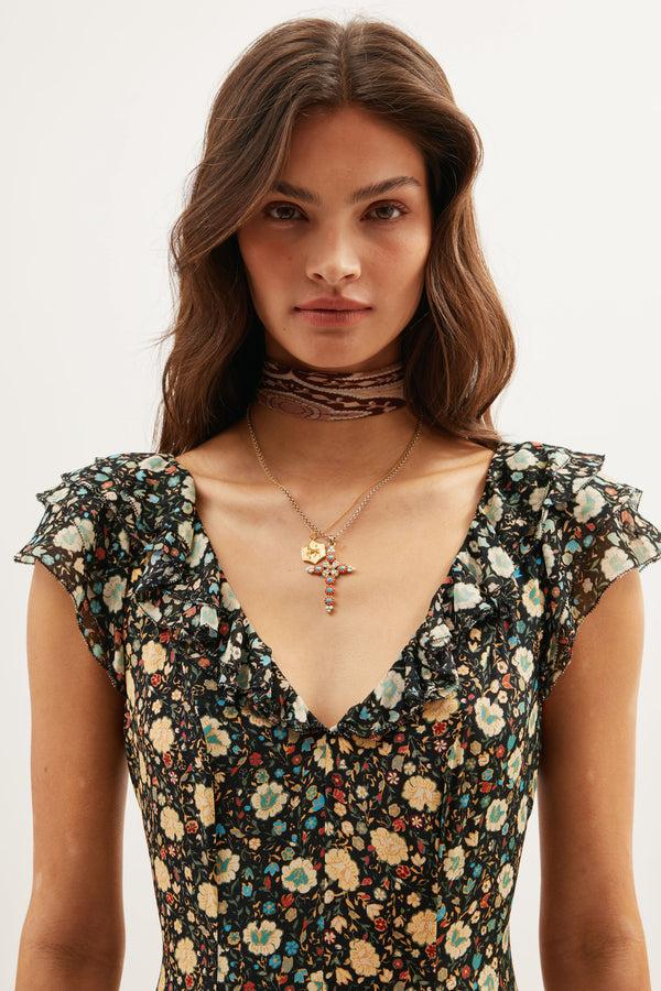 Rixo Ambika Silk Gown Eva Floral Mix Black