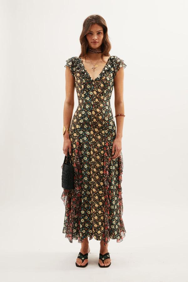 rixo Ambika Silk Gown Eva Floral Mix Black