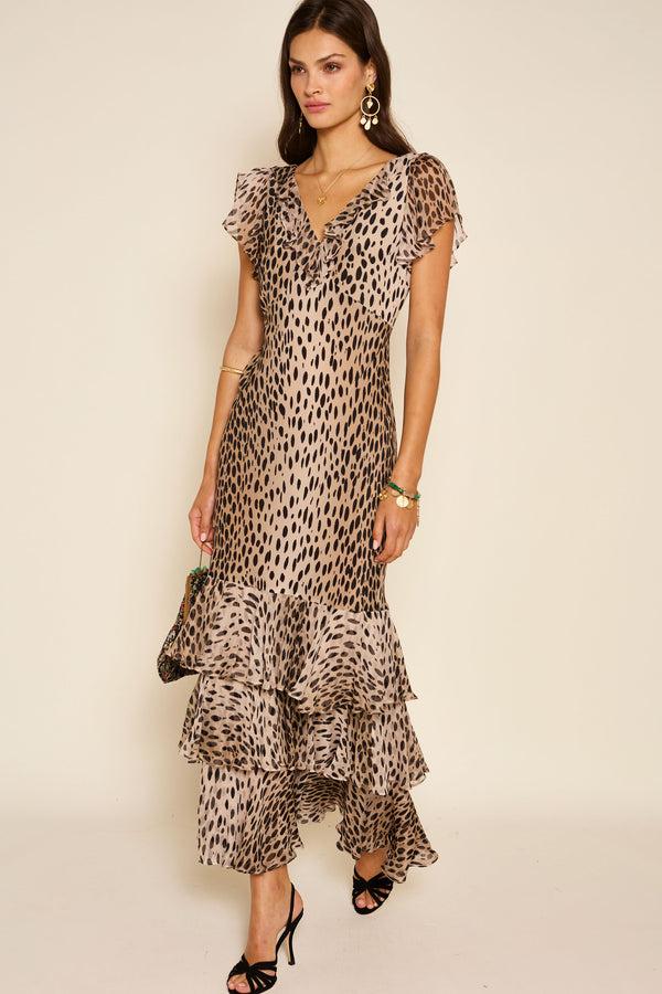 Rixo Amelle Silk Gown Antelope Spot Black