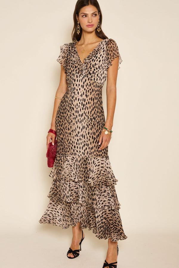 rixo Amelle Silk Gown Antelope Spot Black