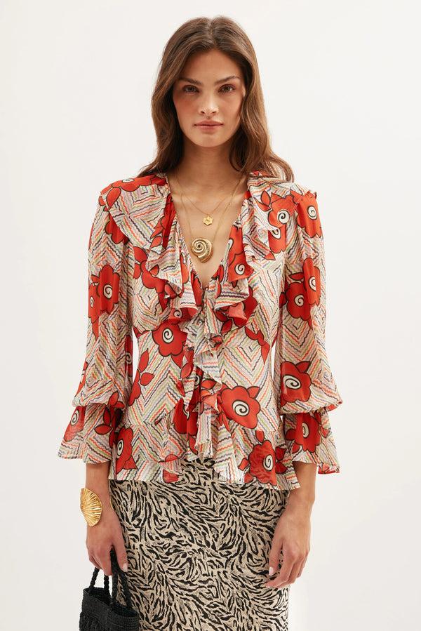 Rixo Ami Silk Blouse Milos Floral Cream
