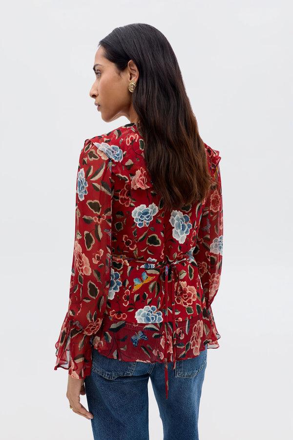 Rixo Ami Silk Top Butterfly Floral Burgundy