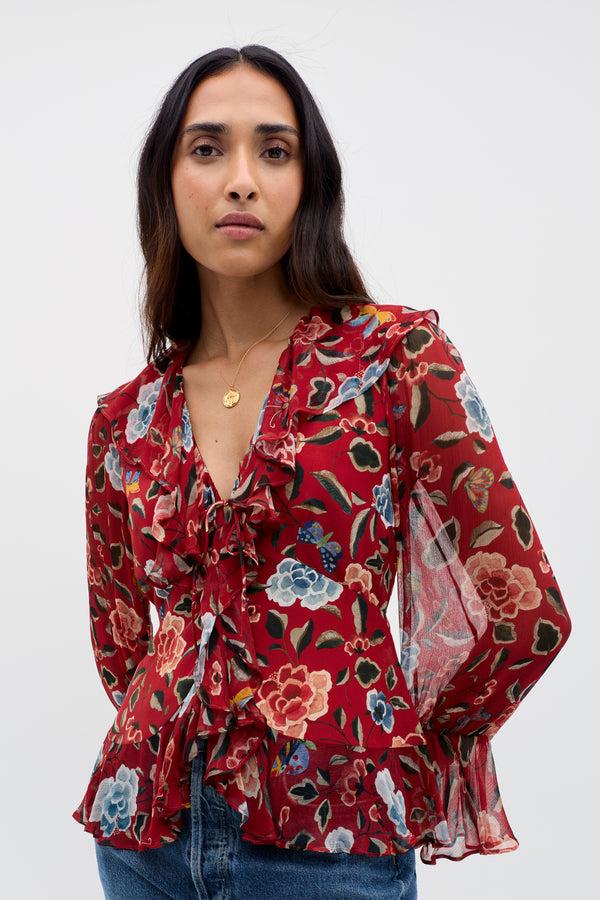 rixo Ami Silk Top Butterfly Floral Burgundy