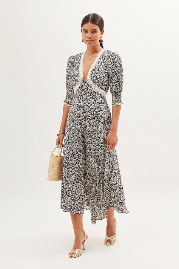 rixo Amina Midi Dress English Daisy Deep Navy