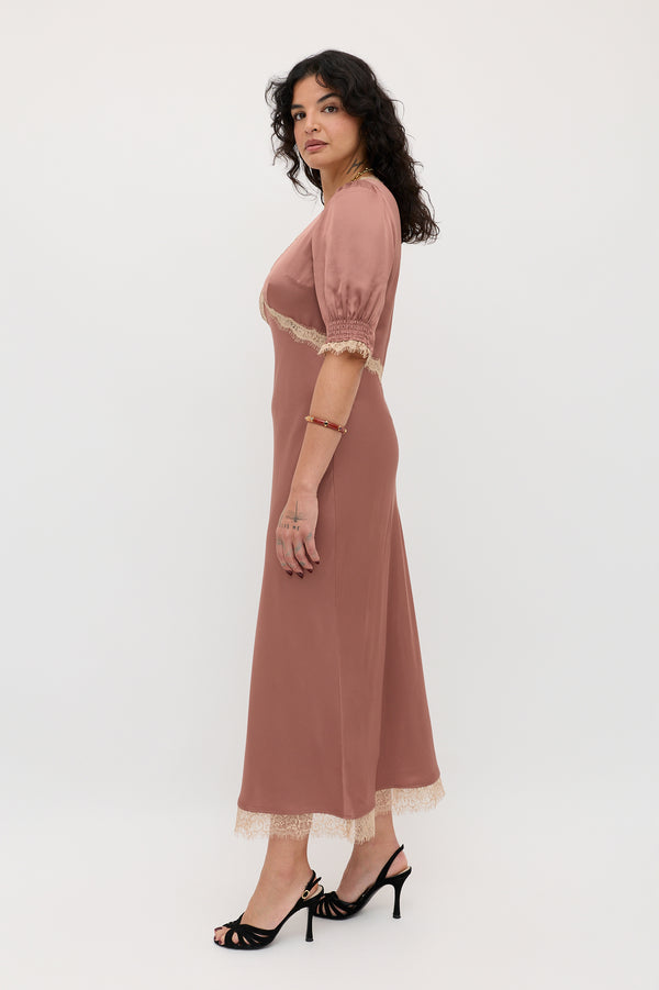 Rixo Annina Satin Midi Dress Mocha