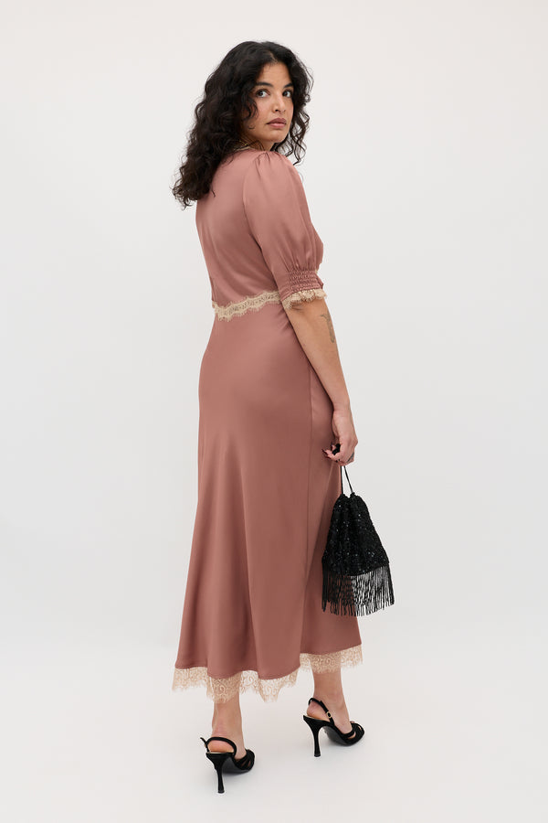 Rixo Annina Satin Midi Dress Mocha