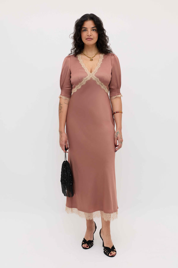 rixo Annina Satin Midi Dress Mocha