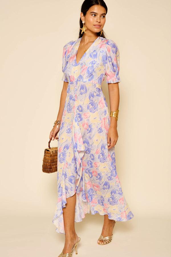 Rixo Ariel Midi Dress Tulip Fields Blue