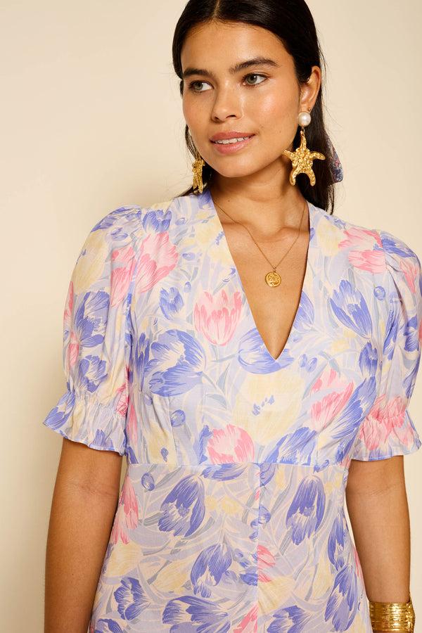 Rixo Ariel Midi Dress Tulip Fields Blue