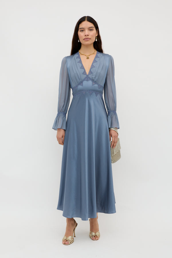 Rixo Arlena Silk-Satin Dress Stone Blue
