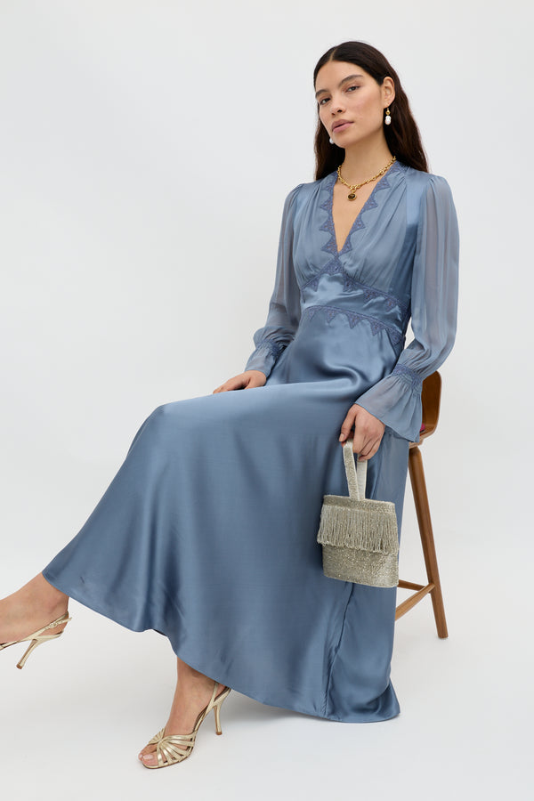 rixo Arlena Silk-Satin Dress Stone Blue