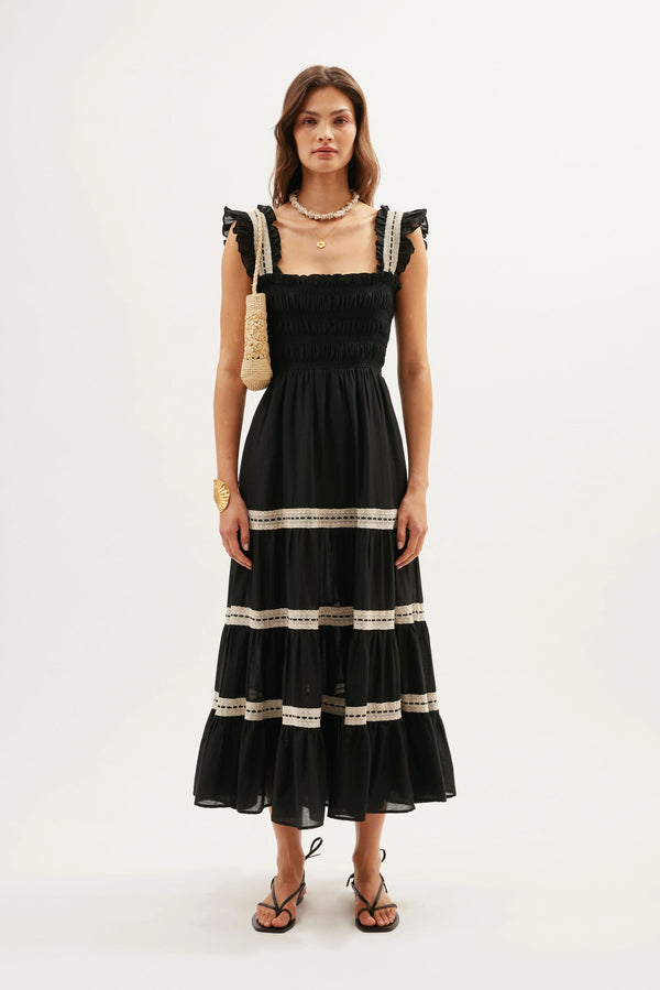 Rixo Aubrie Cotton Midi Dress Black