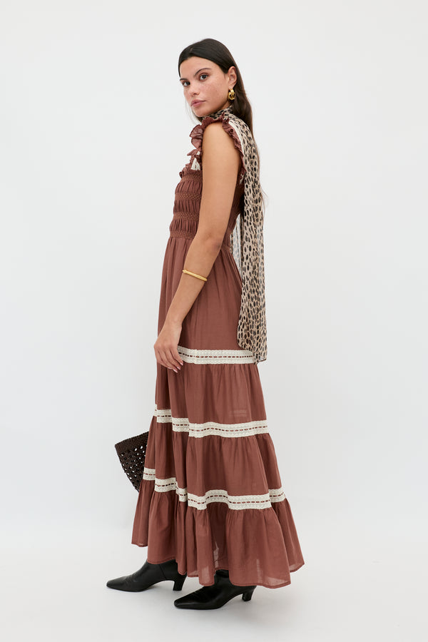 Rixo Aubrie Cotton Midi Dress Brown