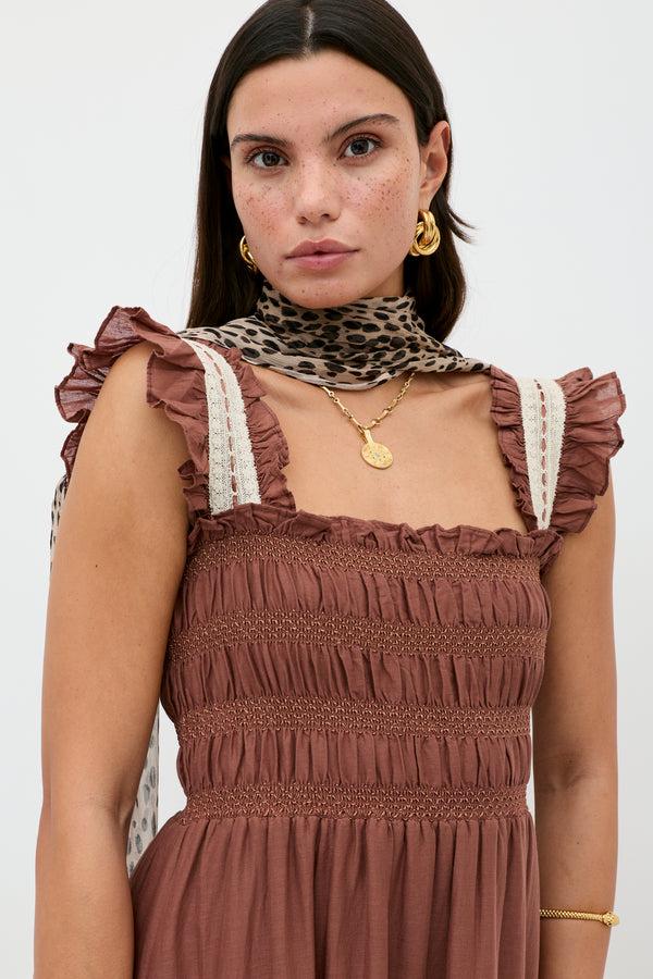 Rixo Aubrie Cotton Midi Dress Brown