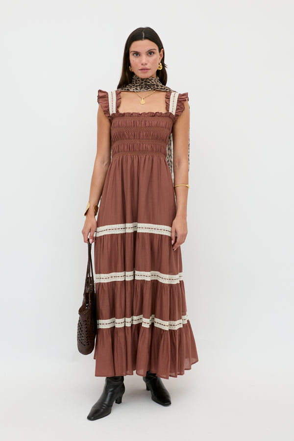 rixo Aubrie Cotton Midi Dress Brown