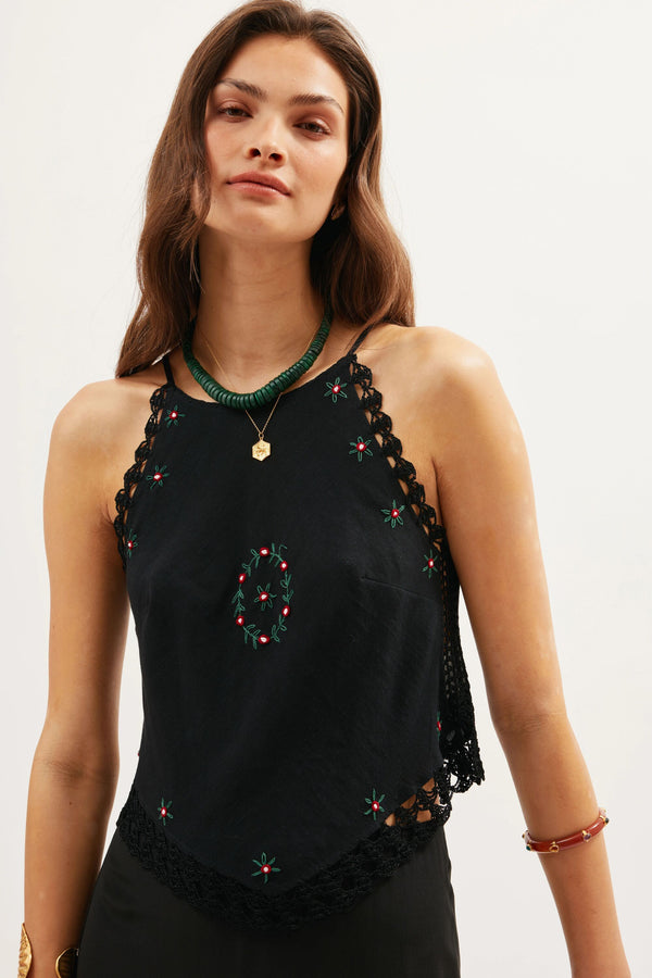 Rixo Ayanna Cotton Top Rose Trail Embroidery Black