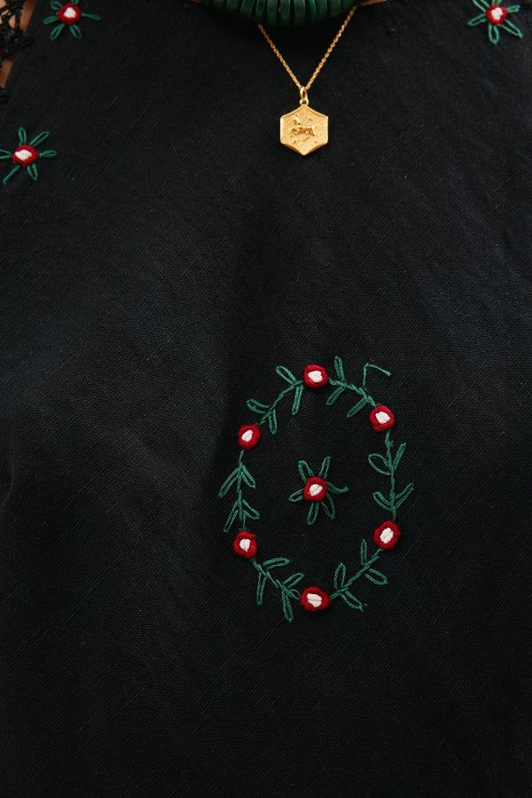 Rixo Ayanna Cotton Top Rose Trail Embroidery Black