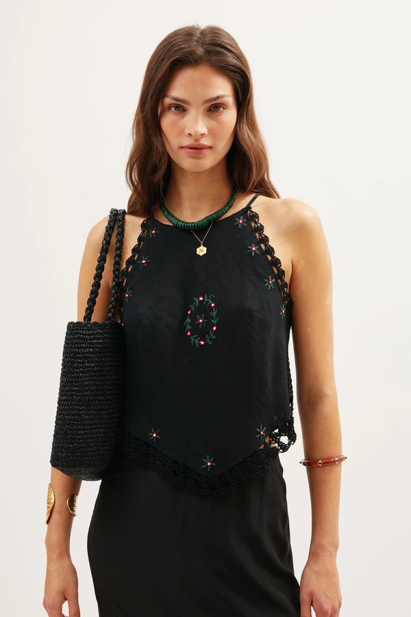 rixo Ayanna Cotton Top Rose Trail Embroidery Black