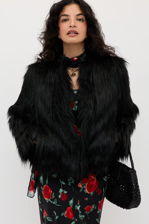 Rixo Bernadette Faux Fur Coat Black