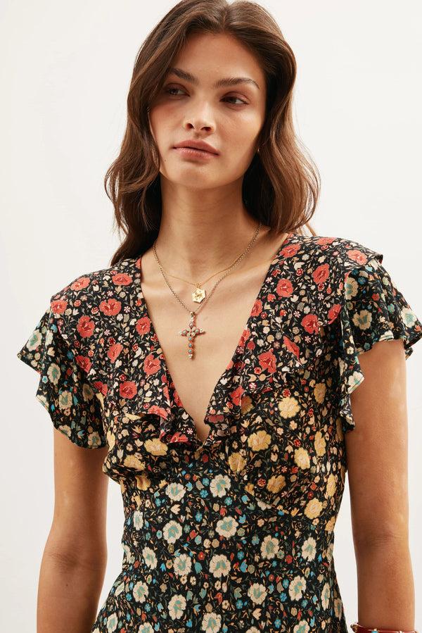 Rixo Bethea Midi Dress Eva Floral Mix Black